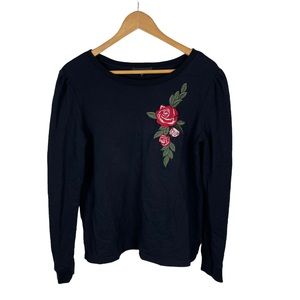 Sanctuary‎ Black Puff Shoulder Flower 🌹 Embroidered Pullover Sweater Size Small